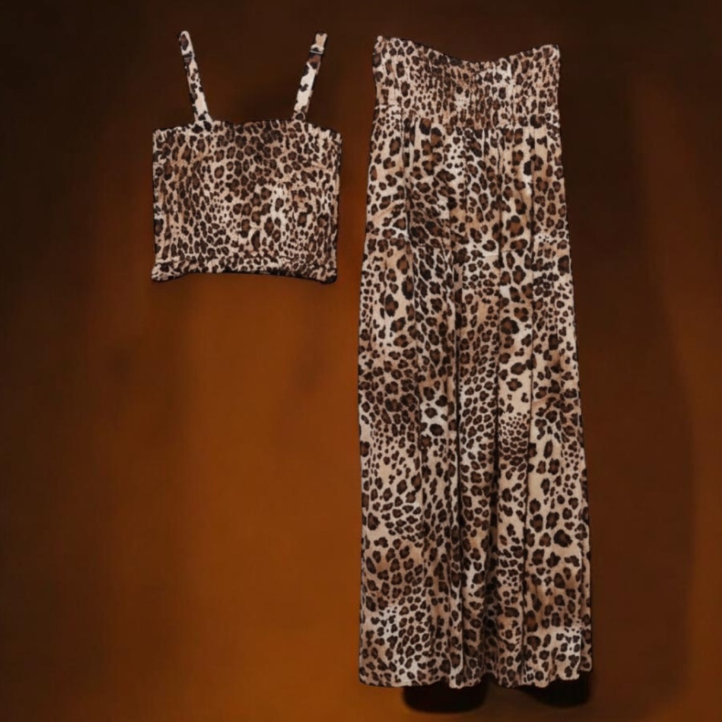 Paper Heart Leopard Print Smocked Crop Top And Maxi Skirt Set Linen Blend